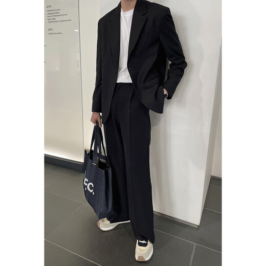 Xinghelai blazer men's Korean style business casual suit black shoulder pad small suit handsome boy trendy black shoulder pad jacket + small pants XL 125-140Jin Jin equals 0.5 kg