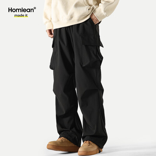 Homlean American functional paratrooper work pants men's spring and summer loose niche wide-leg casual hiking trousers S6603 black XL
