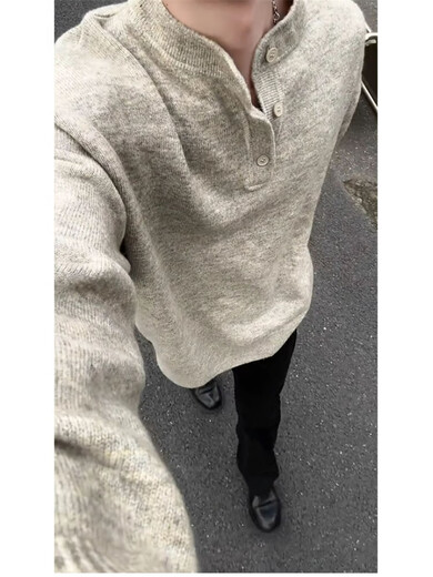 Haizhilanjia American retro Henry collar sweater for men, winter base sweater, lazy style couple's inner wear, light gray XL