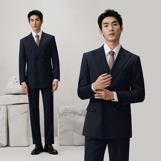 Guillomont double-breasted suit men's suit brown high-end suit business formal spring groom wedding dress suit top + pants Prussian blue 46