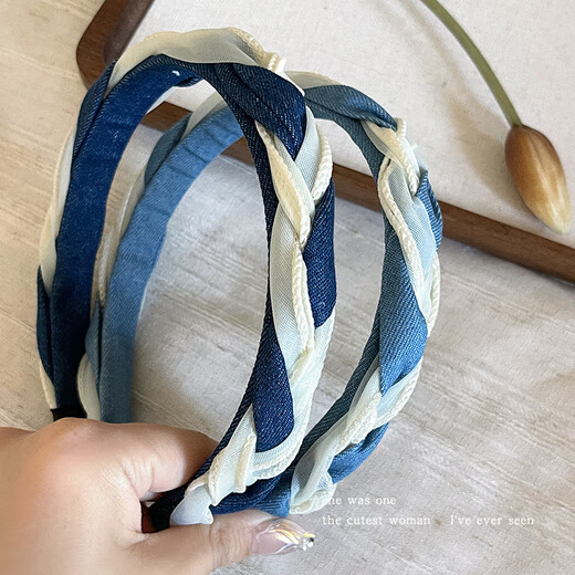 Morning Star High Headband Women's 2025 New Denim Twist Headband Autumn and Winter White Hair Card Network Infrared Headband Headband Light Blue Braided Headband