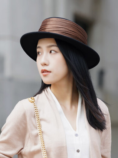 JOLISAC high-end niche Australian woolen flat hat for women pleated silk linen French retro flat brim hat short brim autumn and winter black with coffee 6CM wide brim adjustable