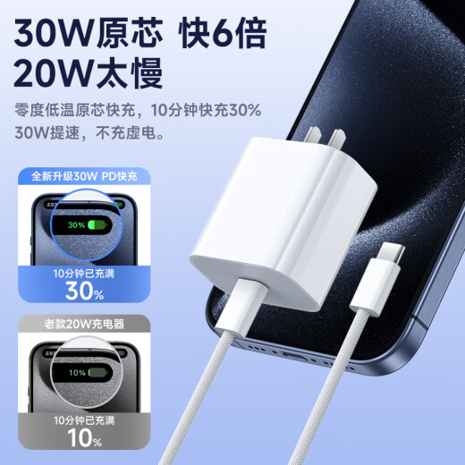Sorthol Apple 15 charger 30W fast charging set gallium nitride iphone15Pro/promax/plus mobile phone charging head x data cable 30W Apple fast charging head + 1 meter braided fast charging cable