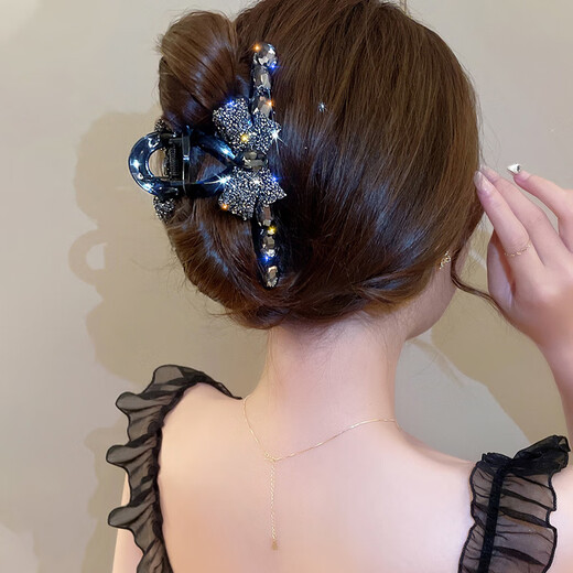 Zhuo Keke Full Diamond Bow Large Clip Women's 2025 New High-End Back Head Hair Shark Clip Temperament Hair Clip Headwear Full Diamond Bow-Grasp Black