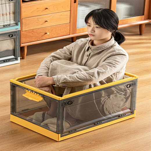 Muran Noel transparent folding storage box with front opening for household clothes, wardrobe organization artifact, book storage box, plastic basket, medium gentian green-brown, storage of toys and sundries, conventional three-door/three-second folding/with pulleys