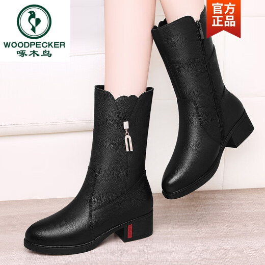 Holzspaderkopfschicht Cowide Martin Stiefel mittlere Mutterstiefel Frauen echte Lederschuhe 2025 Neuer Herbst und Winter plus Velvet Mid-Tube-Stiefel GQ 9716 Black Plus Velvet 40