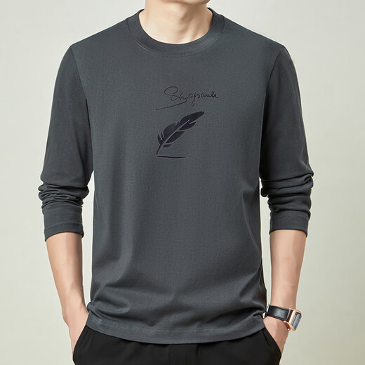 扬玦男士纯棉长袖t恤圆领上衣春秋季新款休闲男装宽松时尚打底衫体恤 6629岩石灰 L /170(建议115-130斤)