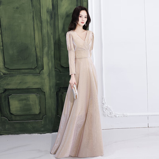 H-KED tall dress women's banquet evening dress slightly fat evening high-end autumn light luxury temperament niche long-sleeved annual party champagne color long 606 3XL