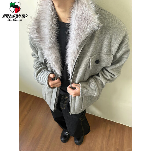 Western Camel (VANCAMEL) high-end American retro fur collar mountain carving knitted jacket men's winter velvet warm cotton cleanfit jacket gray upgraded model 2XL (suitable) 145-160Jin Jin is equal to 0.5 kg