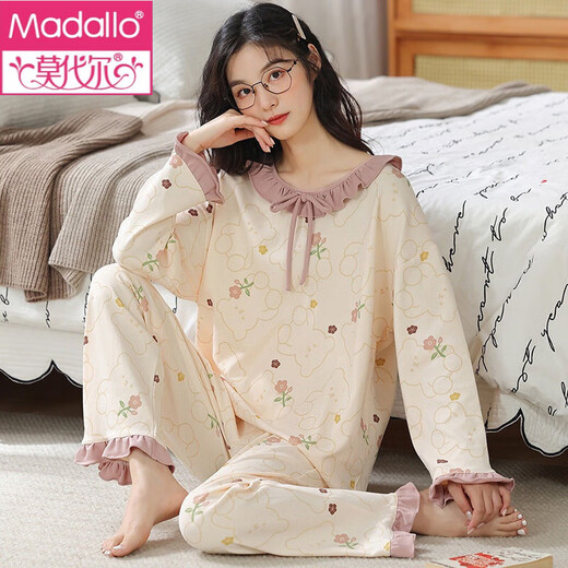 Pajamas modales para mujeres en primavera y otoño de algodón puro de algodón largo ropa casera de manga larga, juego de ropa casera casual estilo princesa dulce de toda la altura, se puede usar fuera de Z20ym694 m recomendado [80-100Jin [Jin iguala 0.5 kg]]]