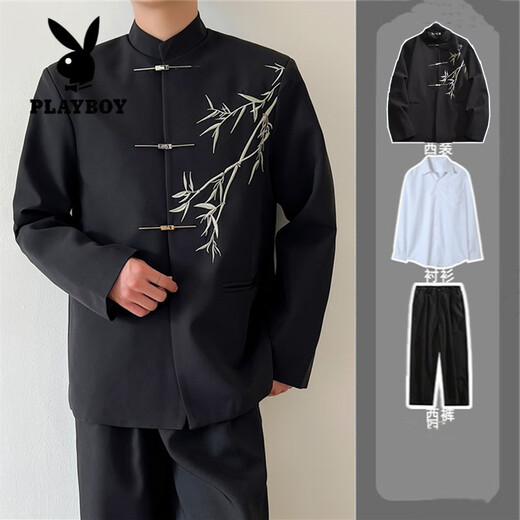 Playboy (PLAYBOY) new Chinese style men's engagement suit Chinese style stand collar tunic suit green bamboo embroidery boy adult dress suit wear black suit (green bamboo) XL