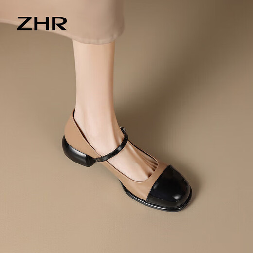 ZHR Loafers Women's Retro French Splicing Mary Jane Shoes Women's Fashionable and versatile single shoes Women Y686 Apricot 37