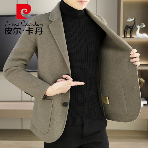 Pierre Cardin woolen blazer men's high-end slim double-sided denim suit top autumn and winter versatile short warm coat 88001A Khaki double-sided denim XL suitable for 125-145Jin Jin equals 0.5 kg
