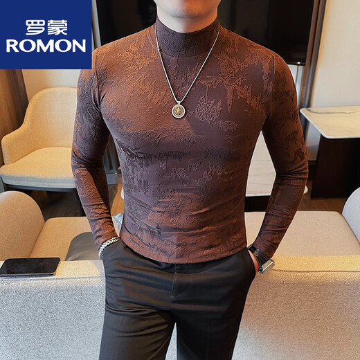 ROMON half turtleneck T-shirt men's long-sleeved slim printed sweatshirt mid-collar bottoming shirt autumn tight floral pattern T-shirt top T coffee color M 90-112Jin Jin equals 0.5 kg
