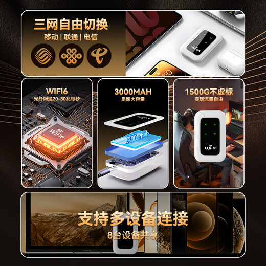 Yinyu wifi portátil de tres redes universal sin tarjeta inalámbrica wifi6 coche 4G5G enrutador portátil Internet tesoro móvil Unicom telecomunicaciones de alta velocidad nacional universal 2025 nuevo incluido tráfico acumulativo de 1500G 180 días válido + 3000 mAh blanco