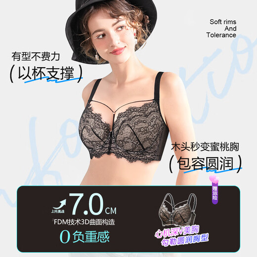 Sugar grain large size underwear for women with big breasts and small breasts, sexy lace push-up support to prevent sagging and reduce side breasts, thin bra, black and translucent 90C