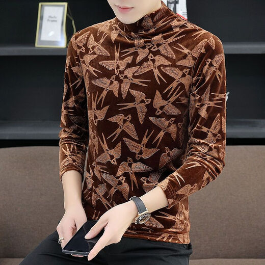 NUKM金丝绒男士长袖T恤秋冬季半高领打底衫潮流帅气潮保暖加绒加厚潮 黑色 2XL 135-150斤左右