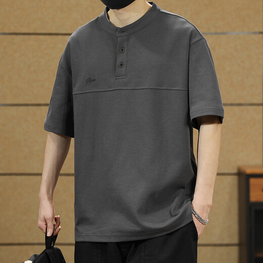 Ten Cranes American Retro Polo Shirt Men's Short Sleeve Loose Casual Half Sleeve Men's Summer Large Size Men's Henley Collar T-shirt Light Brown 2XL (160-180Jin Jin equals 0.5kg)