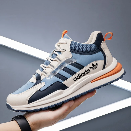品牌断码男鞋运动鞋2025春夏新款休闲鞋子男女透气轻便耐磨跑步鞋 AD6628-米蓝皮面防水款 38