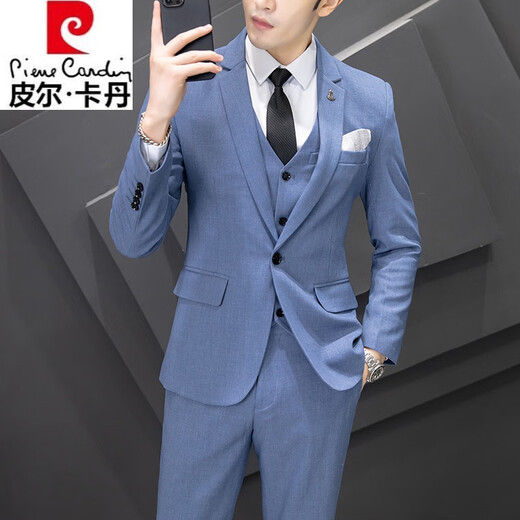 Pierre Cardin casual suit men's Korean business formal three-piece suit groomsmen wedding dress small suit jacket light gray suit + pants + shirt belt tie XL