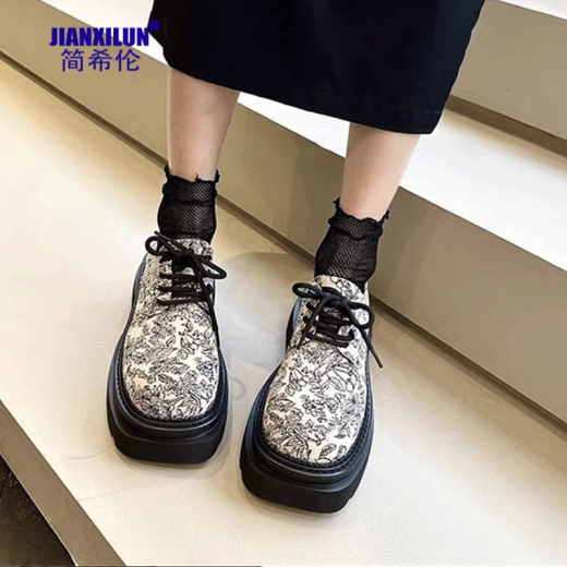 Jane Xilen new Chinese style thick-soled loafers for women 2024 spring and summer new printed small leather shoes versatile platform sole shoes for women black 37