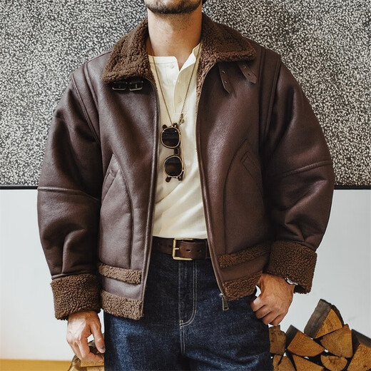 Madden American Retro B3 Bomber Leather Jacket Fur One-piece Plus Velvet Thickened Motorcycle Suede Jacket Men's Winter Brown S
