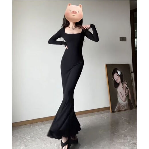 Pingyu Bubu Shenglian square neck long-sleeved fishtail arm-wrapped dress for women, autumn temperament, slim waist, slimming and sexy long skirt, black S