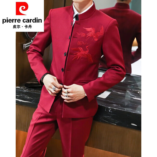 Pierre Cardin Chinese style suit stand collar Chinese tunic suit ancient style Hanfu men Korean version slim Tang suit Chinese dress suit 618 black suit + pants + vest + shirt XL (123~138Jin Jin equals 0.5 kg)