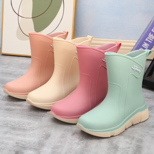 Dong Yixuan rain boots for women, thickened velvet, winter warm and waterproof cotton boots, thick soles, non-slip soft soles, one-piece mid-calf rain boots, water shoes for women, green fixed velvet (not removable), 2 sizes larger, 37