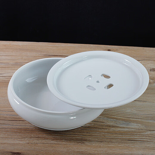 Ceramic tea tray, round complete set, Chaoshan white porcelain Kung Fu tea set, drum-shaped water storage 10-inch complete set of pure white covered bowl, white porcelain 10-inch single tea tray