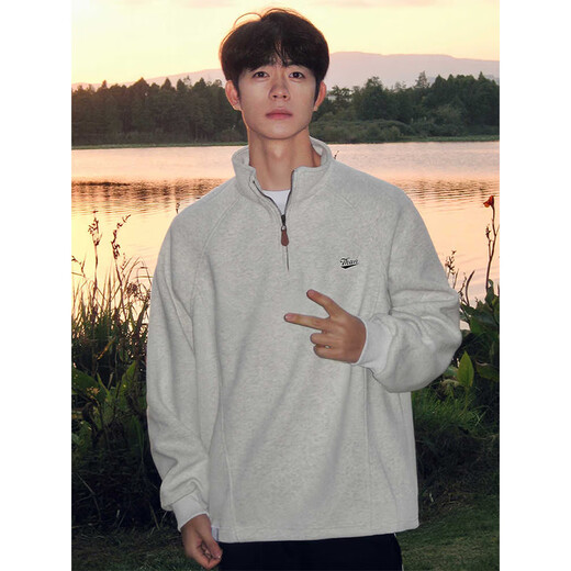 Katuchi American stand-collar half-zip sweatshirt for men in autumn heavy-weight long-sleeved bottoming shirt high street fashion sports inner wear white gray regular style L recommended 100-120Jin Jin equals 0.5 kg