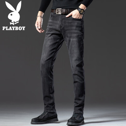 Playboy black jeans for men 2025 new trousers spring trend slim fit small feet pants for men 1048 black 28 90-105Jin Jin is equal to 0.5 kg