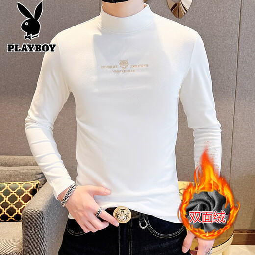 Playboy white German double-sided velvet bottoming shirt for men, half turtleneck, European version, slim-fitting autumn clothing, men's T-shirt, long-sleeved autumn and winter top 2334-White L