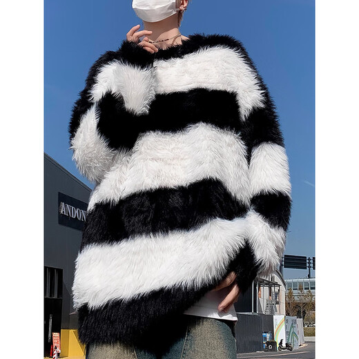 7家优品秋冬水貂绒条纹毛衣男圆领套头休闲潮牌韩系学生百搭青少年针织衫 XCS-7174白色 XL