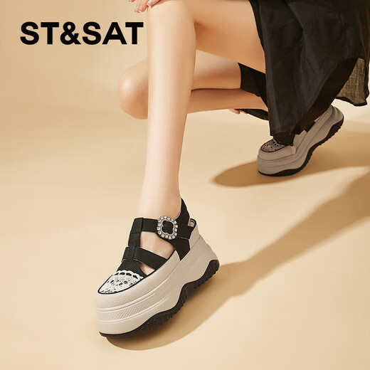 星期六（St&Sat）罗马凉鞋女2024夏季新款包头厚底女鞋子镂空编织猪笼鞋水钻渔夫鞋 黑色 35