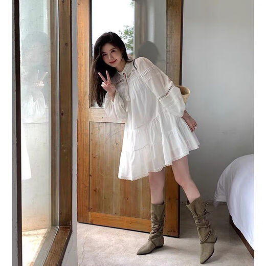 Muni holiday fairy skirt French dress 2025 new ethnic style hollow stitching long-sleeved loose dress with waist holiday fairy skirt white with belt S size recommended 80-105 Jin Jin equals 0.5 kg