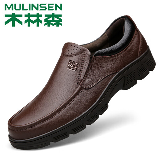 MULINSEN leather shoes for men, genuine leather, first-layer cowhide, autumn and winter, middle-aged dad shoes, business casual shoes, soft soles, one-step middle-aged shoes, DY-CS1503 black set of feet 42