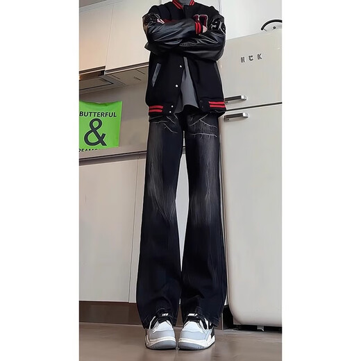 Yiran presents jeans for men with slightly flared autumn and winter style, lightning pattern, handsome design, American high street scimitar straight pants for men, black L recommended 105-125 Jin Jin equals 0.5 kg