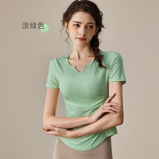 Yuebu yoga clothes for women 2024 new V-neck slim short-sleeved sports T-shirt quick-drying Pilates training fitness top summer light green L recommended weight 105-120Jin Jin equals 0.5 kg