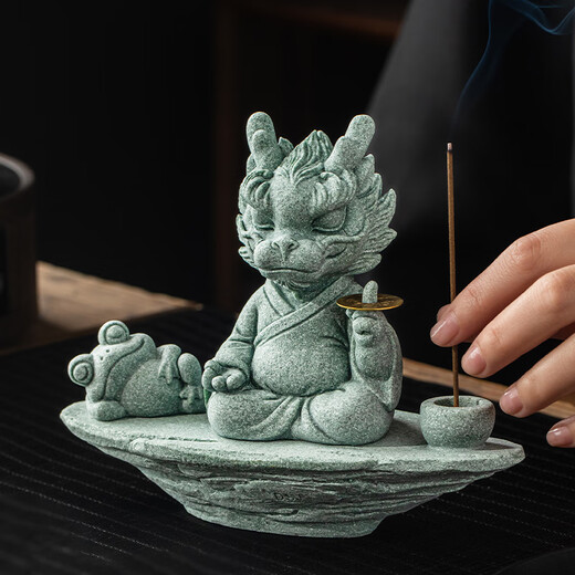 Earth Story Green Sand Stone Lucky Dragon Tea Pet Ornament One Finger Makes Money Mascot Tea Table Home Living Room Desktop 2024 Decoration Master Shenlong One Finger Makes Money - Combination Pack No Specifications