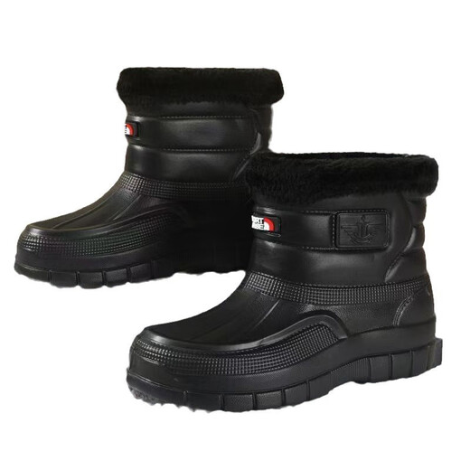 Plush velvet warm outdoor waterproof cotton shoes men's rain boots car wash room construction site labor protection wear-resistant mid-high water shoes snow boots 166 black 41