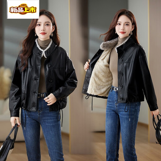 Chujing Leather Jacket Women's Autumn and Winter Short Style 2025 New European Style Fashionable Versatile Velvet Thickened Leather-Cotton Card Color M