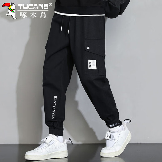 Woodpecker (TUCANO) overalls men's ankle-tie spring pants men's loose casual pants men's sports small-footed men's pants black XL