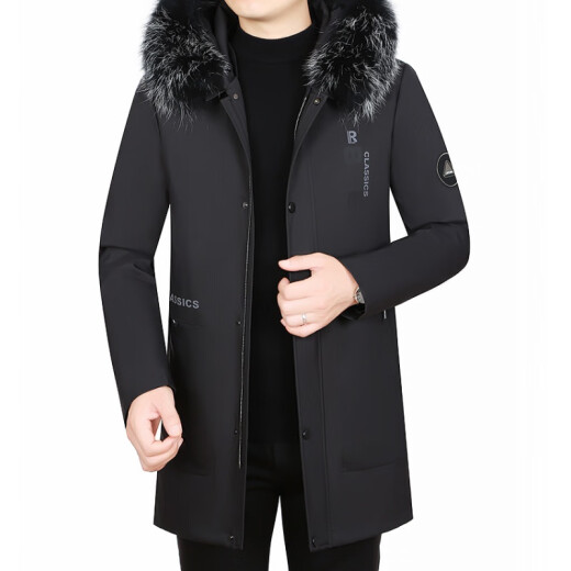 Pierre Cardin Light Luxury High-end Men's Mid-length Jacket Removable Imitation Rabbit Velvet Liner Fox Fur Collar Parka Men's Jacket Black T-E71-Rex Rabbit Fur 170/M