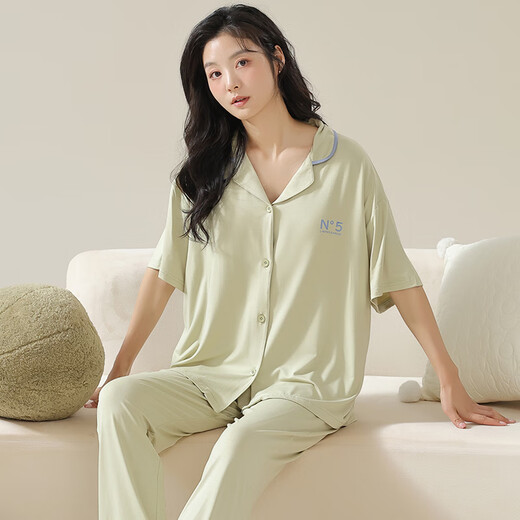 莫代尔女士睡衣夏2025新款冰丝短袖长裤开衫韩版夏天薄款宽松家居服 09M12109 M