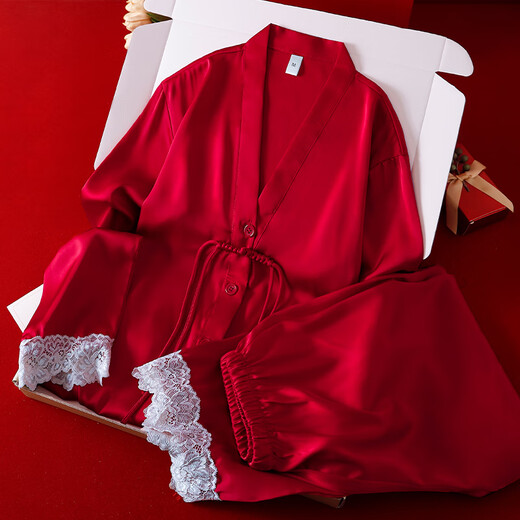 VURM Silk Pajamas Women 100 Mulberry Silk Spring and Summer Wedding Birth Year Couple Red Home Wear Gift Box Set Chang Xiangsui (Men's Style) L