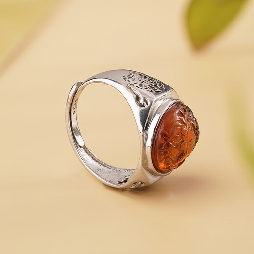 Potala Palace 925 silver ring amber Mahakala ring for men and women Tibetan ethnic style adjustable birthday gift for husband 925 silver inlaid amber Mahakala ring