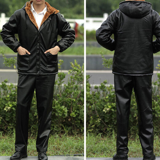 Manxi Nan Leather Jacket Leather Pants Leather Suit Plus Velvet Thickened Windproof Warmth Waterproof Motorcycle Motorcycle Driving Takeaway Work Clothes Men Gold Velvet Top + Pants Suit 2XL 120-140
