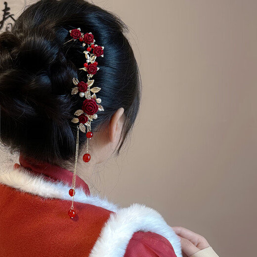 Happy Two Worlds Ancient Style Festive Red Rose Hairpin Women's New Chinese Xiuhe Clothing Toast Wedding Headwear Bridal Hair Accessories Hairpin Hairpin