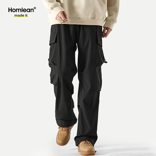 Homlean American functional paratrooper overalls men's autumn and winter plus velvet warm wide-leg casual thickened trousers S6603 black XL